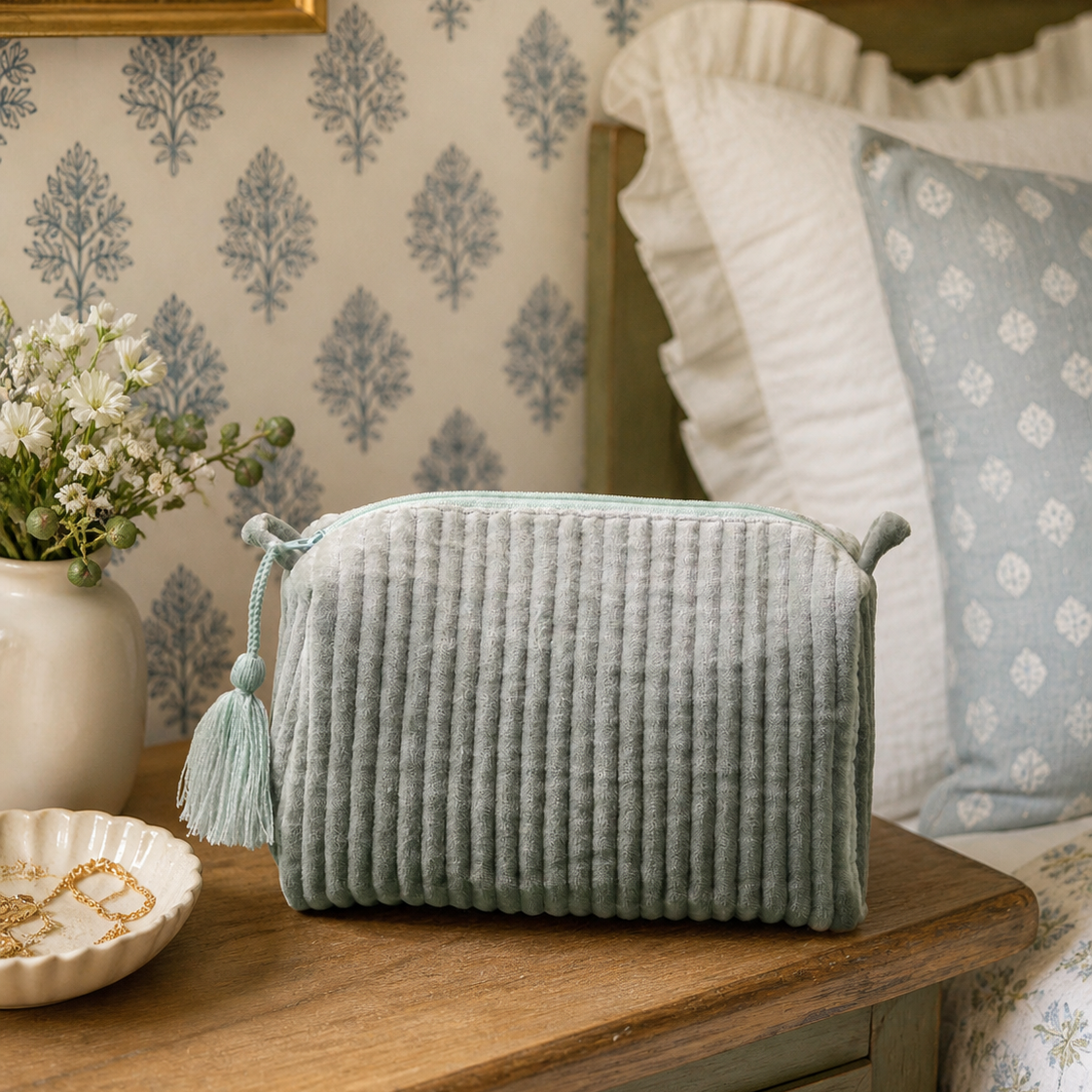 Velvet & Block Print Lined Cosmetic Pouch- Sage