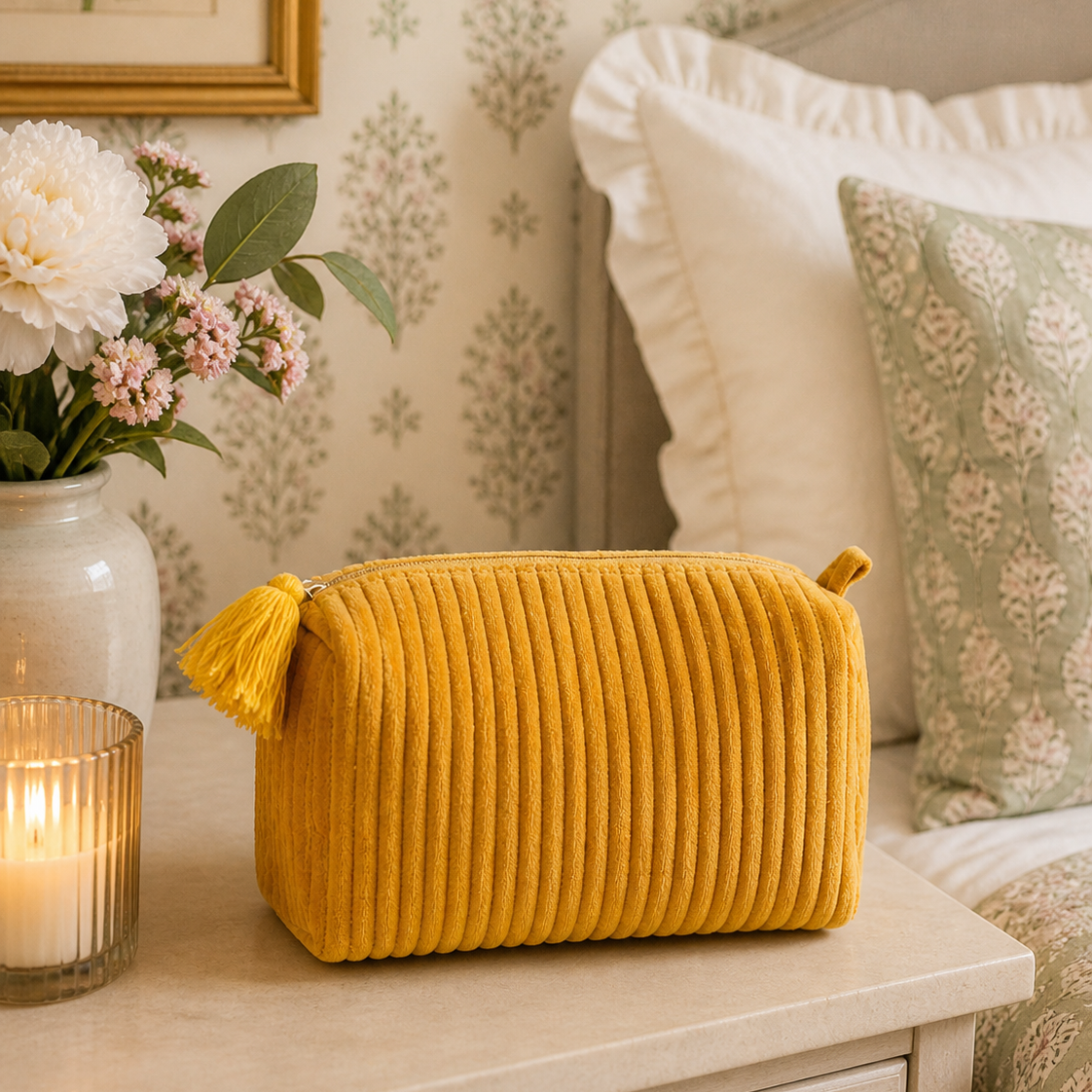 Velvet & Block Print Lined Cosmetic Pouch- Goldenrod