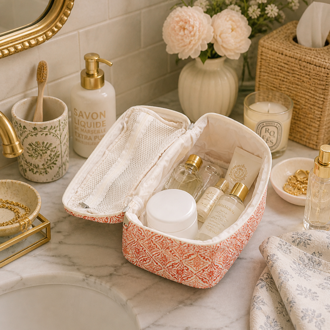 Coral Medallion Cosmetic Pouch with Handle