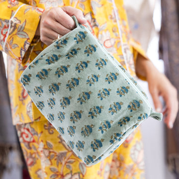 Block Print Velvet Cosmetic Pouch-Mint