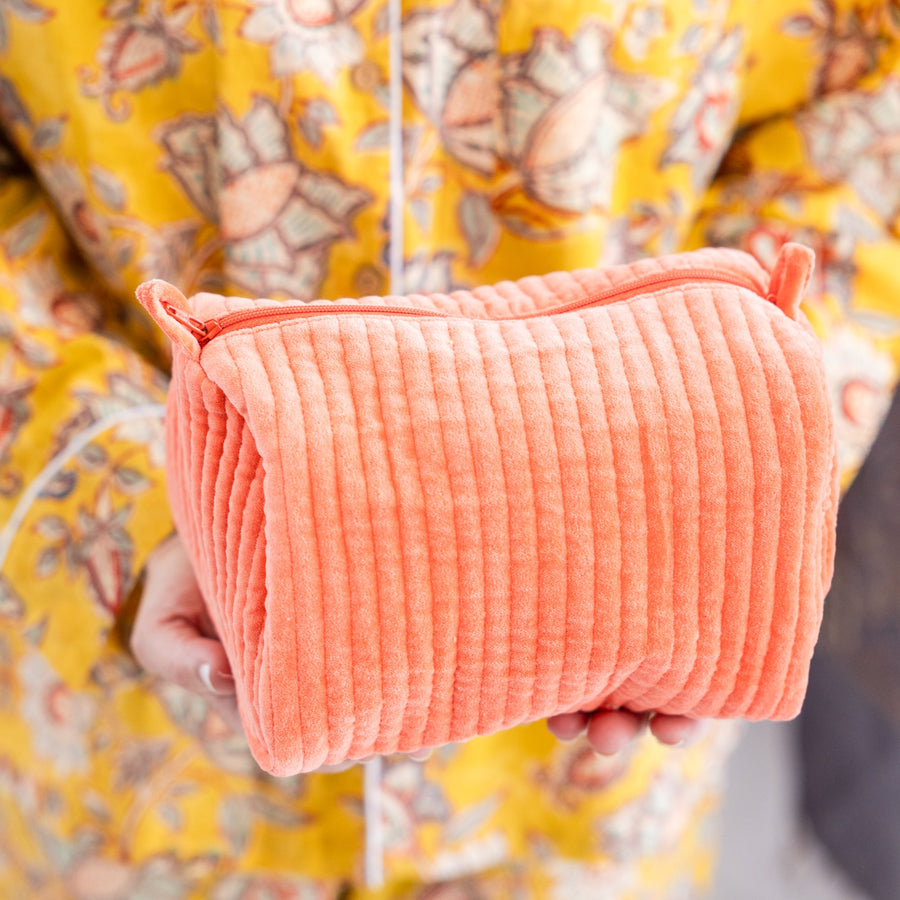 Velvet & Block Print Lined Cosmetic Pouch- Coral