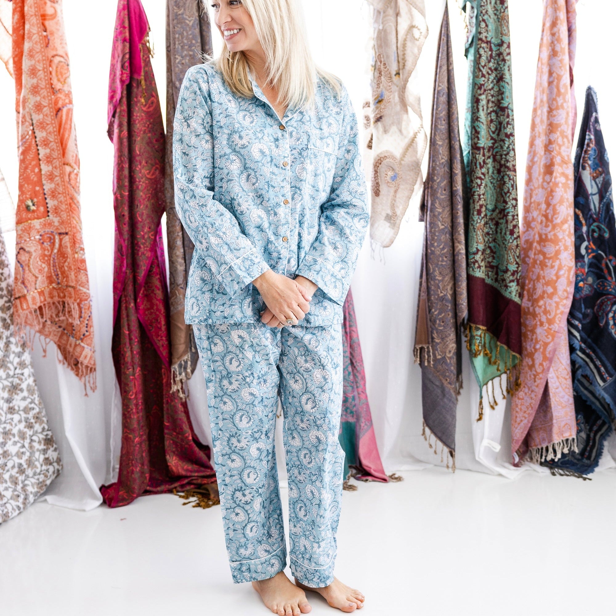 Coastal Comfort Block Print Pajama Set - Pants