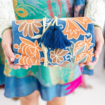 Embroidered Velvet Jewelry Organizer- Blue