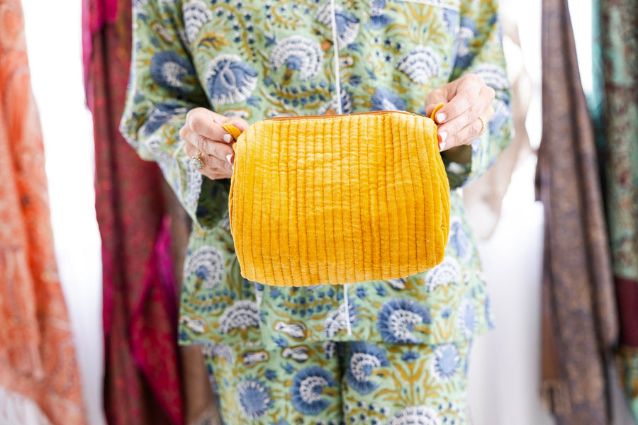 Velvet & Block Print Lined Cosmetic Pouch- Mustard