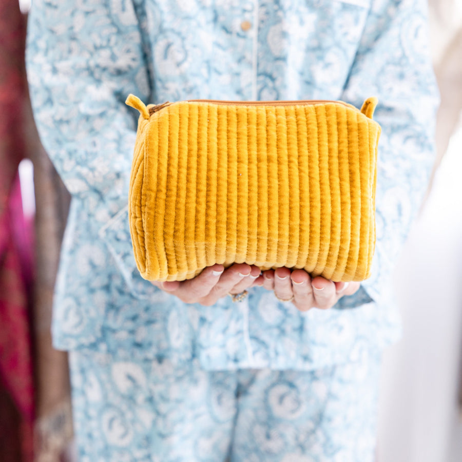 Velvet & Block Print Lined Cosmetic Pouch- Mustard