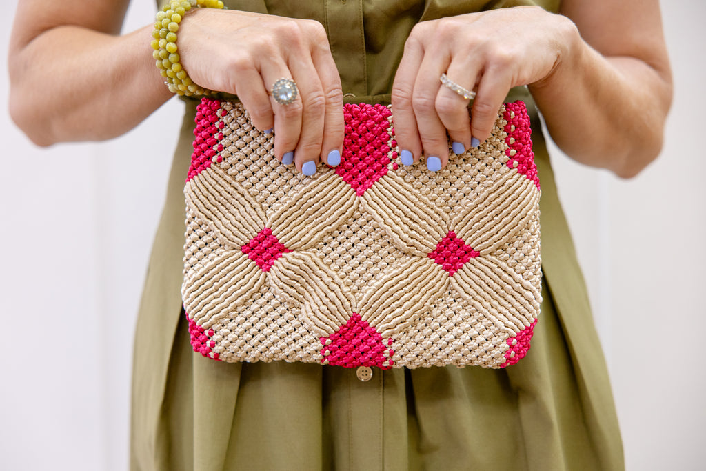 Handmade Macramé Clutch- Champagne and Pink