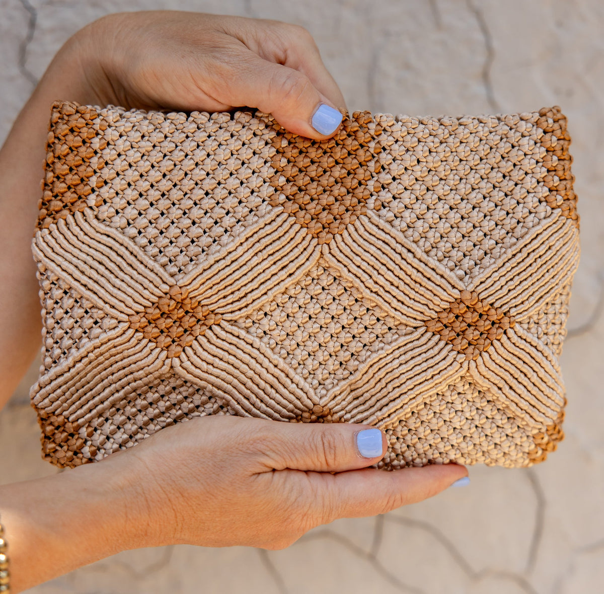 Handmade Macramé Clutch- Champagne and Caramel