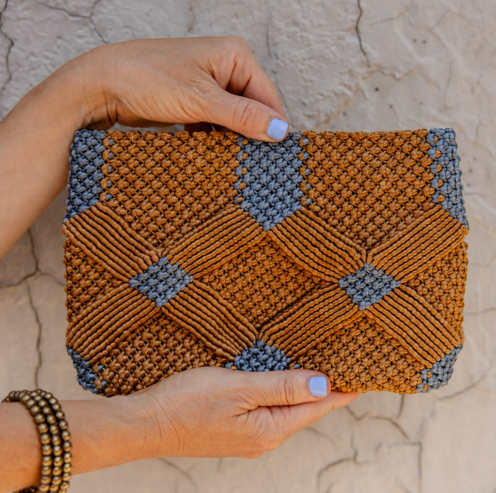 Handmade Macrame Clutch- Caramel and Dusty Blue