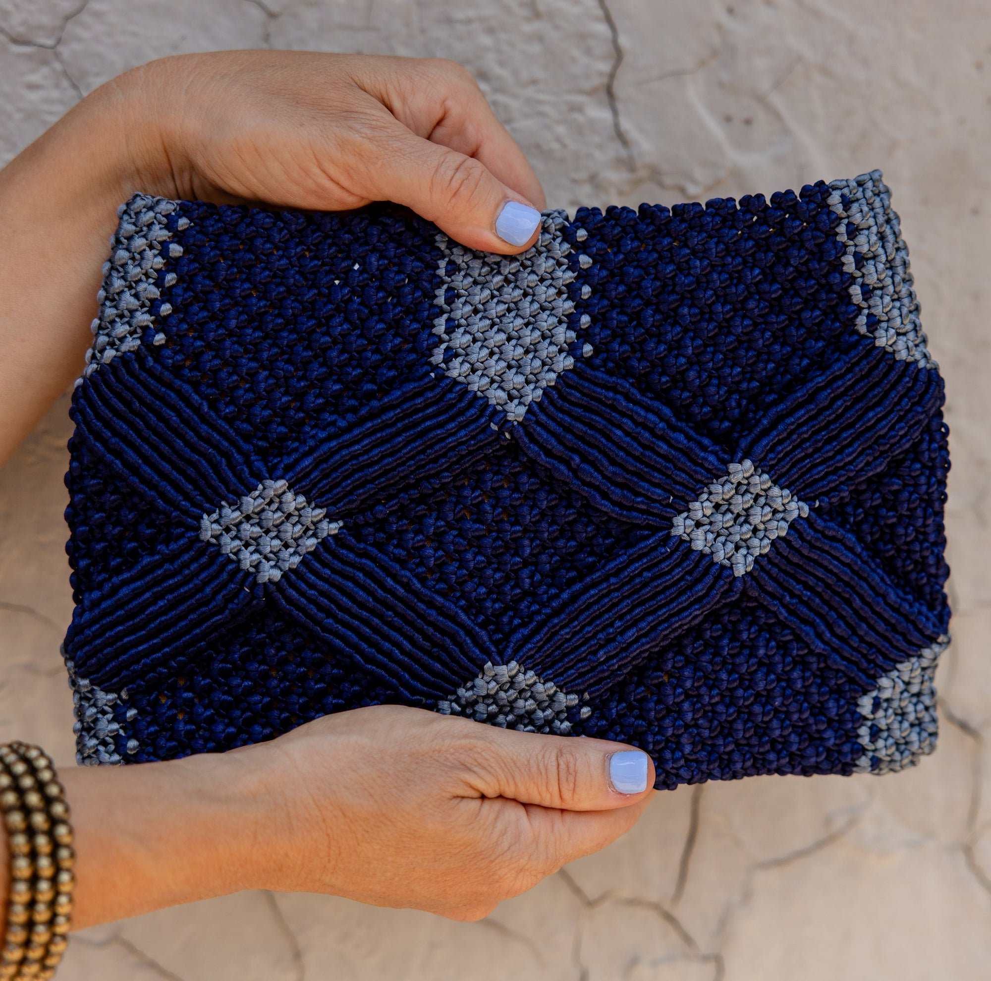 Handmade Macramé Clutch- Navy and Dusty Blue