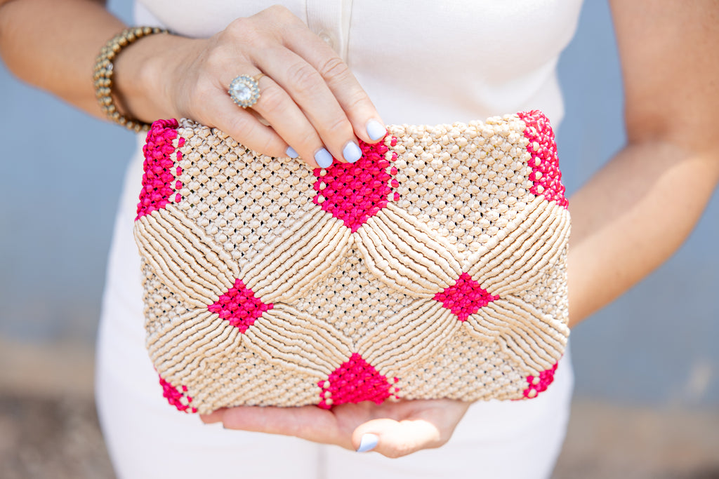 Handmade Macramé Clutch- Champagne and Pink