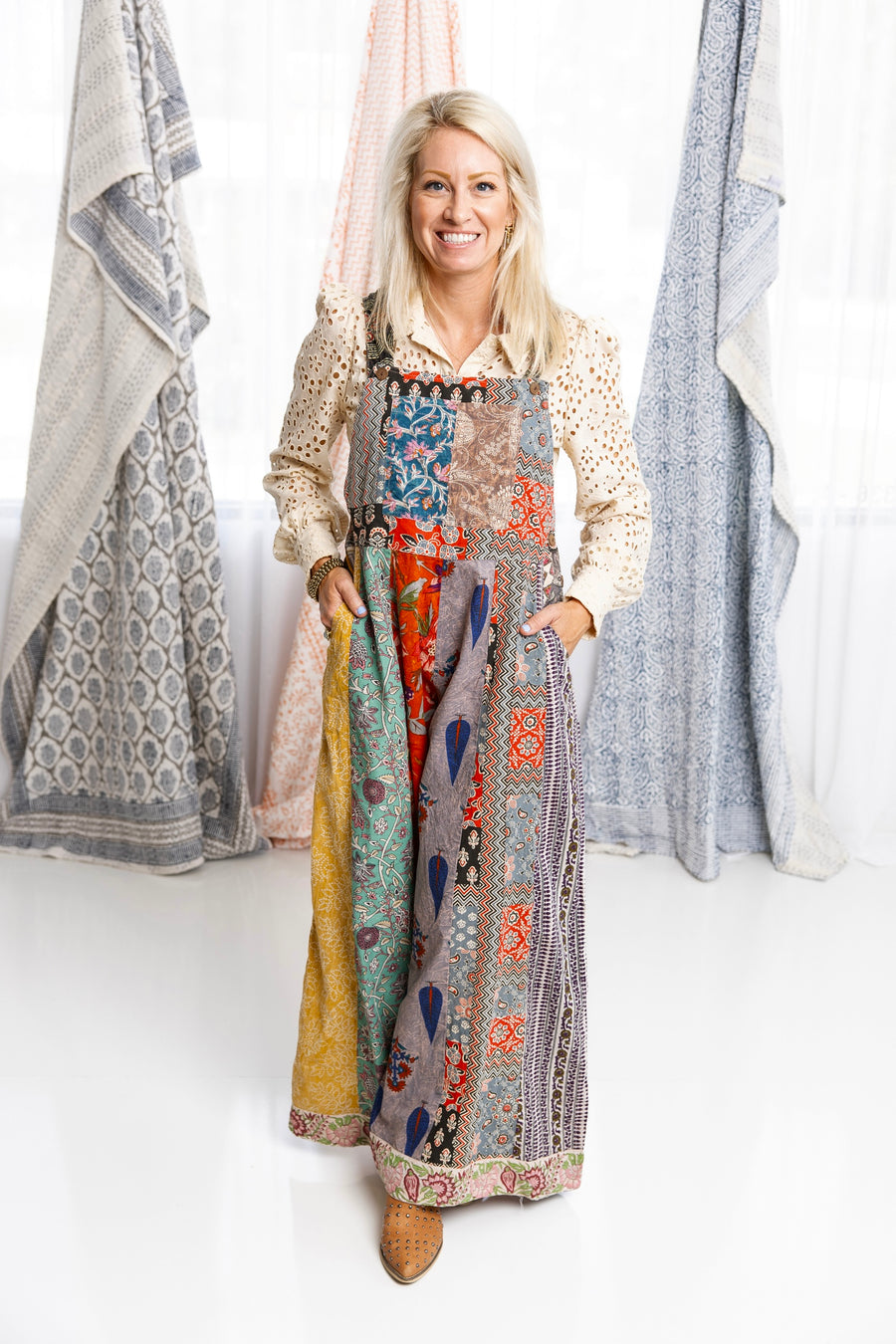Botanical Motif Patchwork Printed Overalls