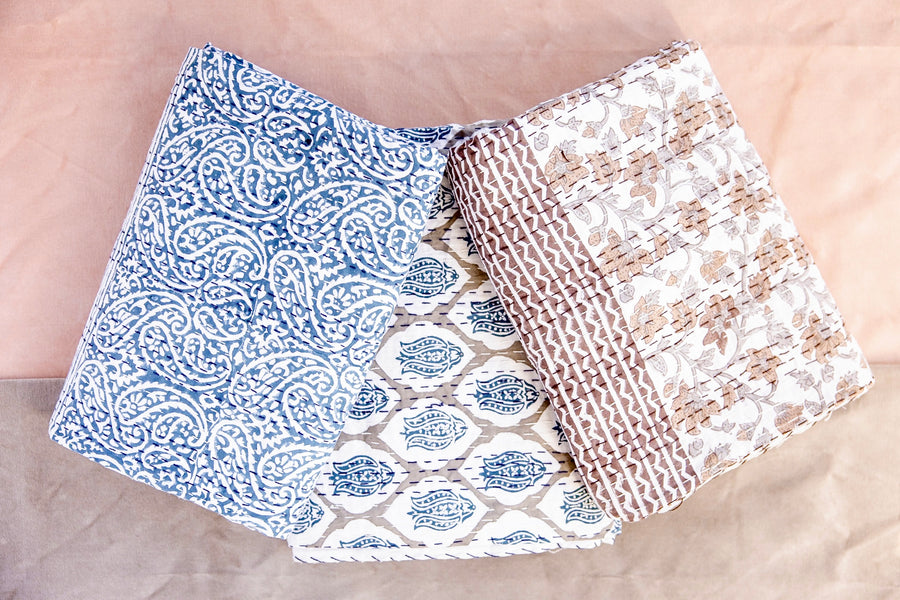 The Blue Bell Block Print Kantha Stitch Throw