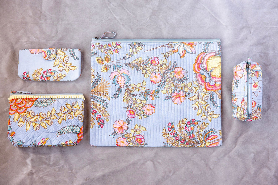 Block Print Cotton Pouch Medium - Sky Blue Floral