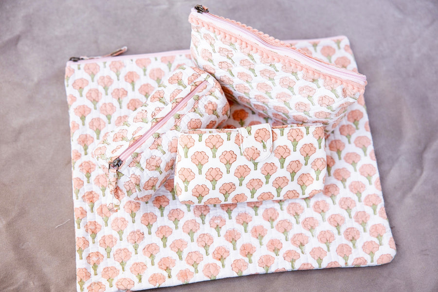 Block Print Cotton Eyeglass Case - Peach Peony