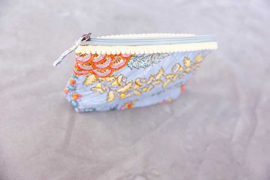 Block Print Cotton Pouch Medium - Sky Blue Floral