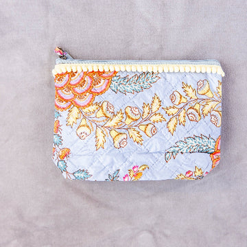 Block Print Cotton Pouch Medium - Sky Blue Floral