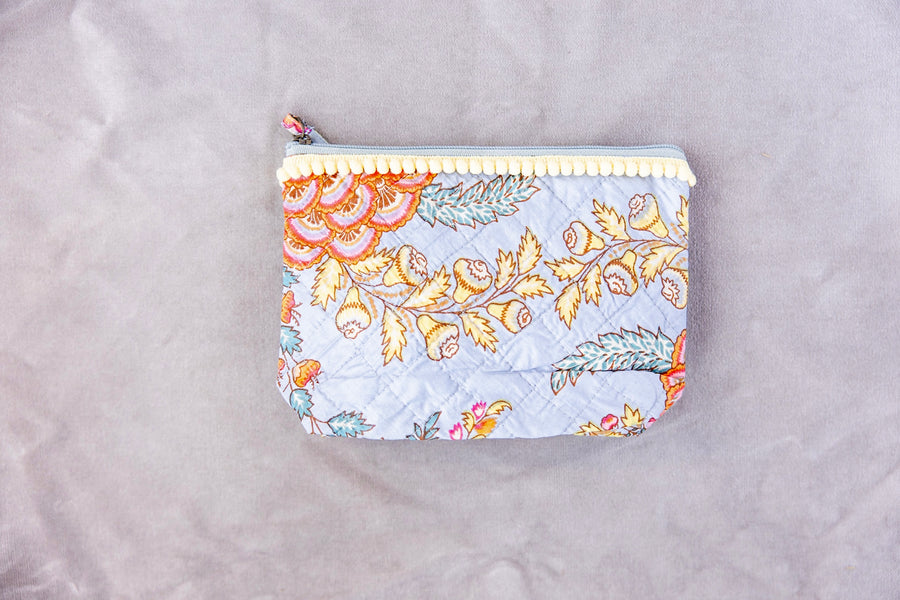 Block Print Cotton Pouch Medium - Sky Blue Floral