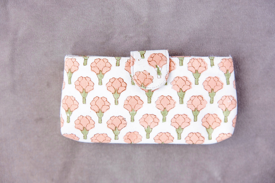 Block Print Cotton Eyeglass Case - Peach Peony