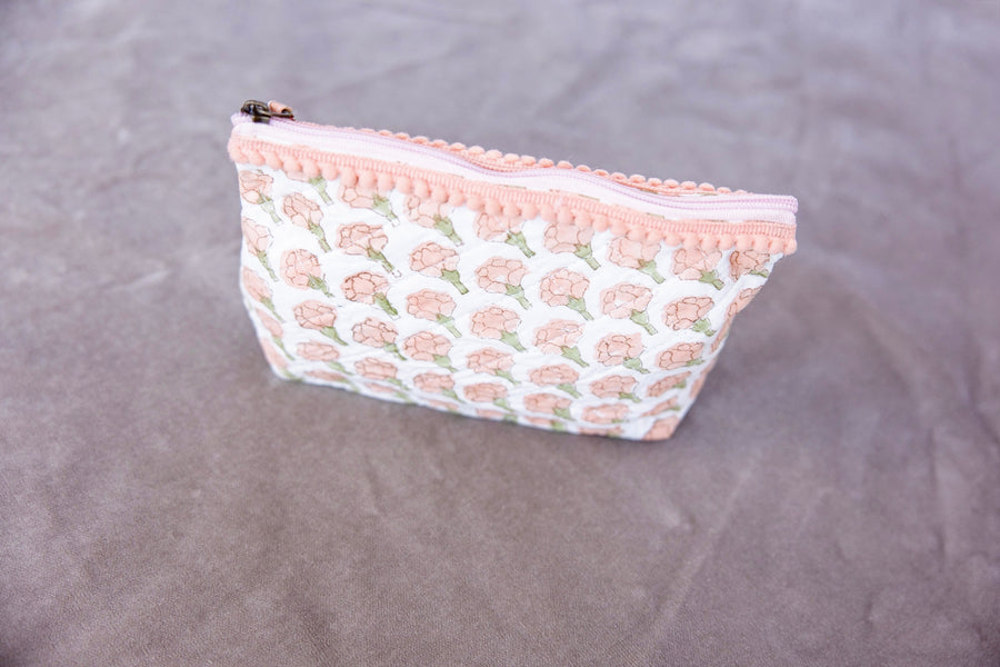 Block Print Cotton Pouch Medium - Peach Peony