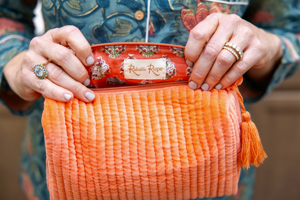 Velvet & Block Print Lined Cosmetic Pouch- Salmon