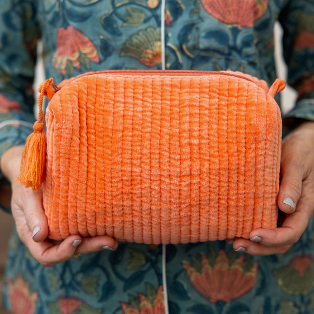 Velvet & Block Print Lined Cosmetic Pouch- Salmon