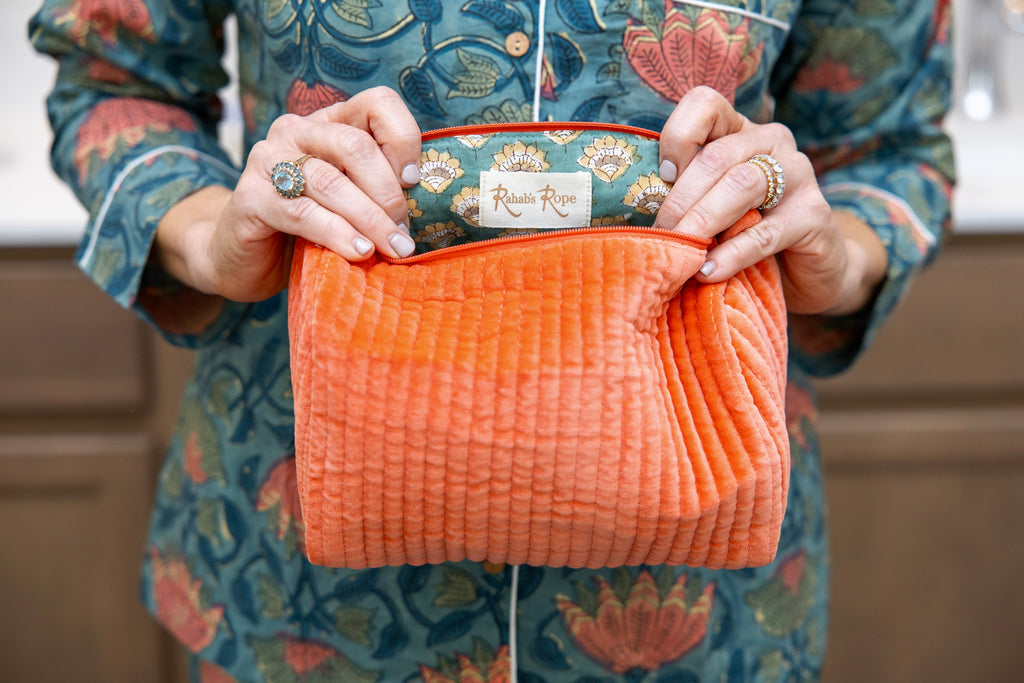 Velvet & Blocked Print Lined Cosmetic Pouch-Coral