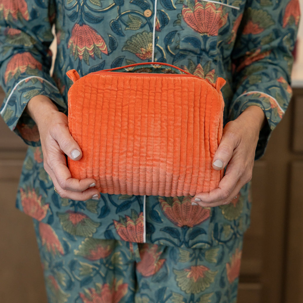 Velvet & Blocked Print Lined Cosmetic Pouch-Coral