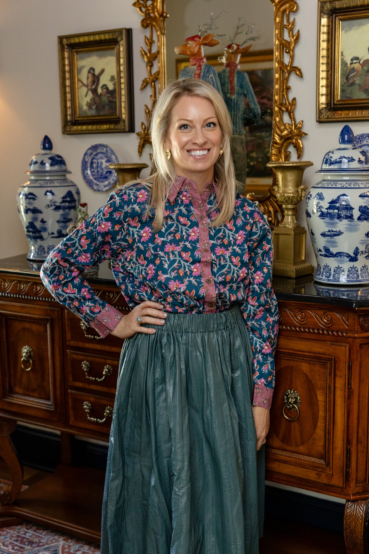 Indigo Bloom Block Print Button-Down Top