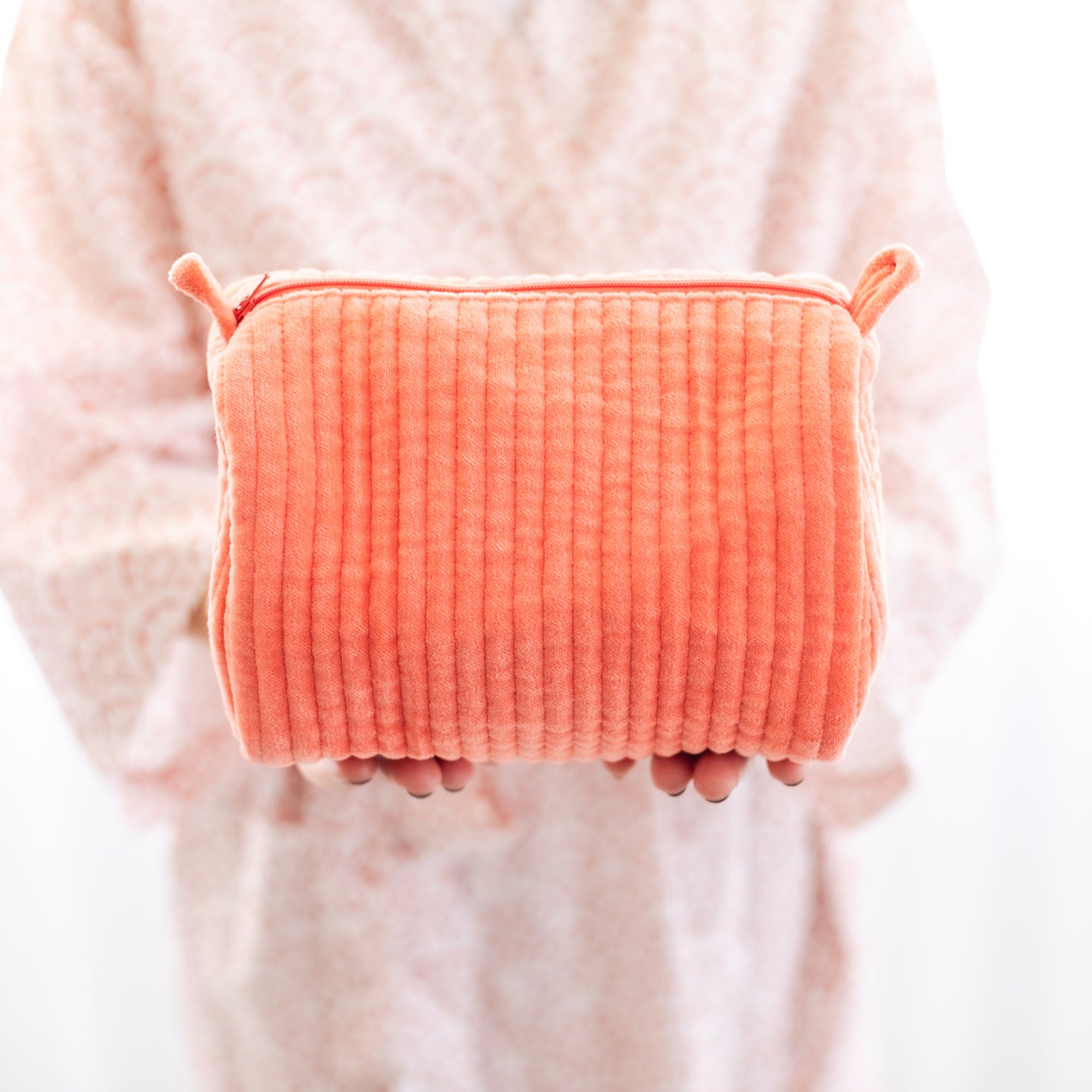 Velvet & Blocked Print Lined Cosmetic Pouch-Coral