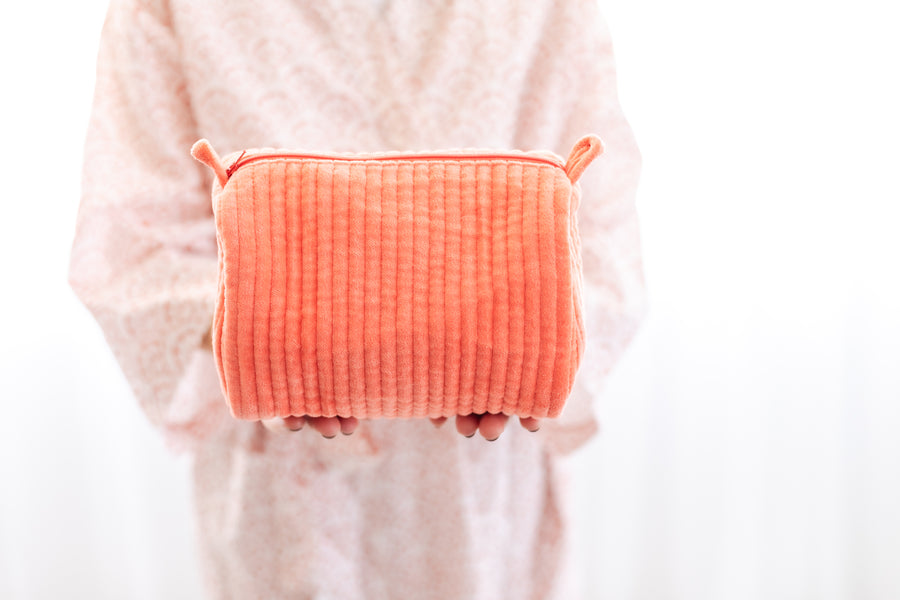 Velvet & Block Print Lined Cosmetic Pouch- Coral