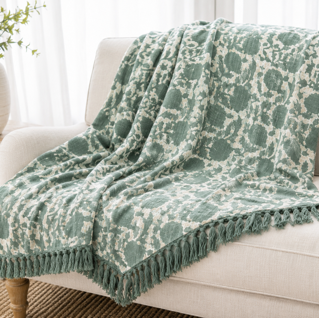 Emerald Blossom Block Print Throw
