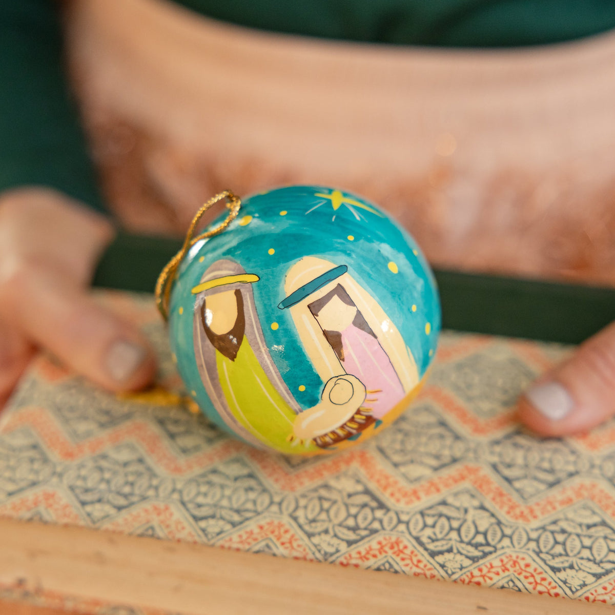 Colorful Hand Painted Paper Mache Nativity Ornament