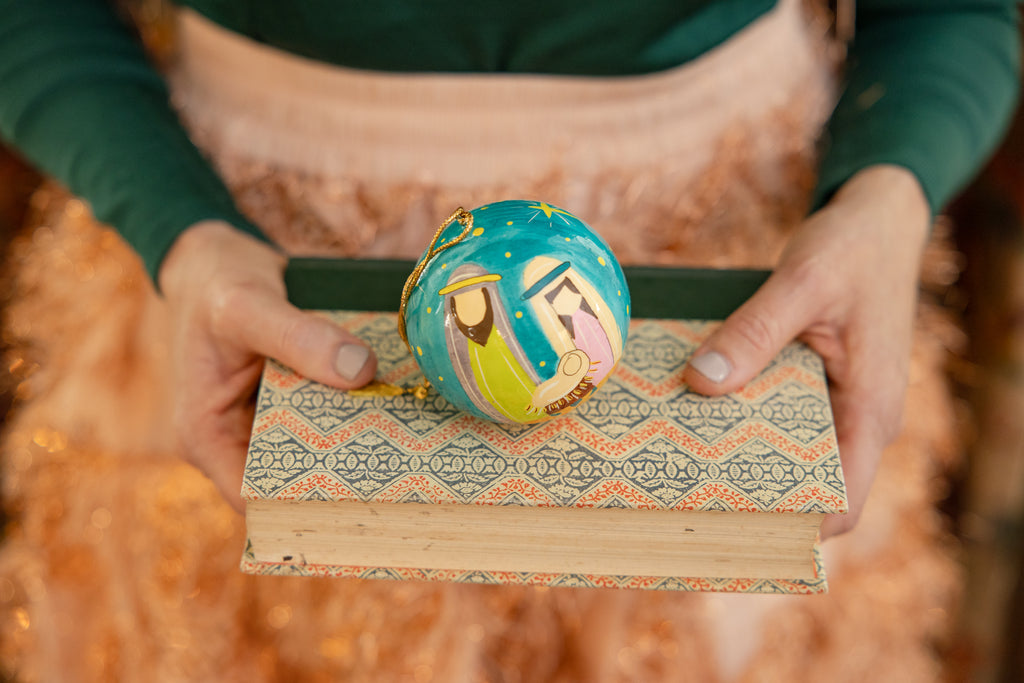 Colorful Hand Painted Paper Mache Nativity Ornament