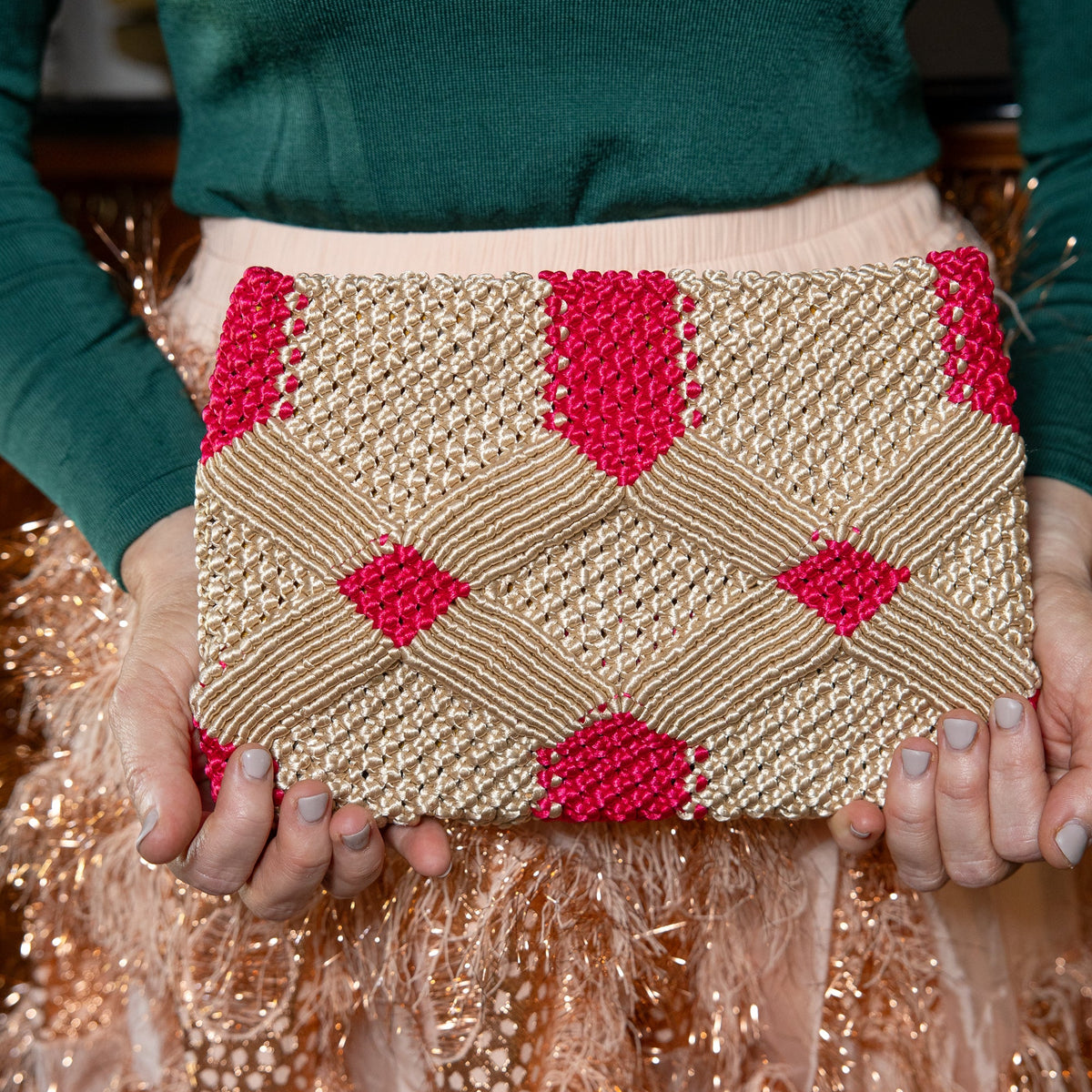 Handmade Macramé Clutch- Champagne and Pink