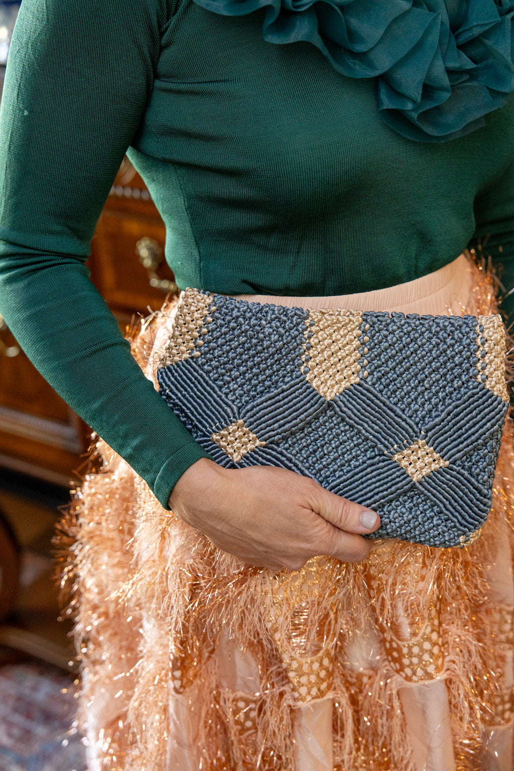 Handmade Macramé Clutch- Dusty Blue and Champagne