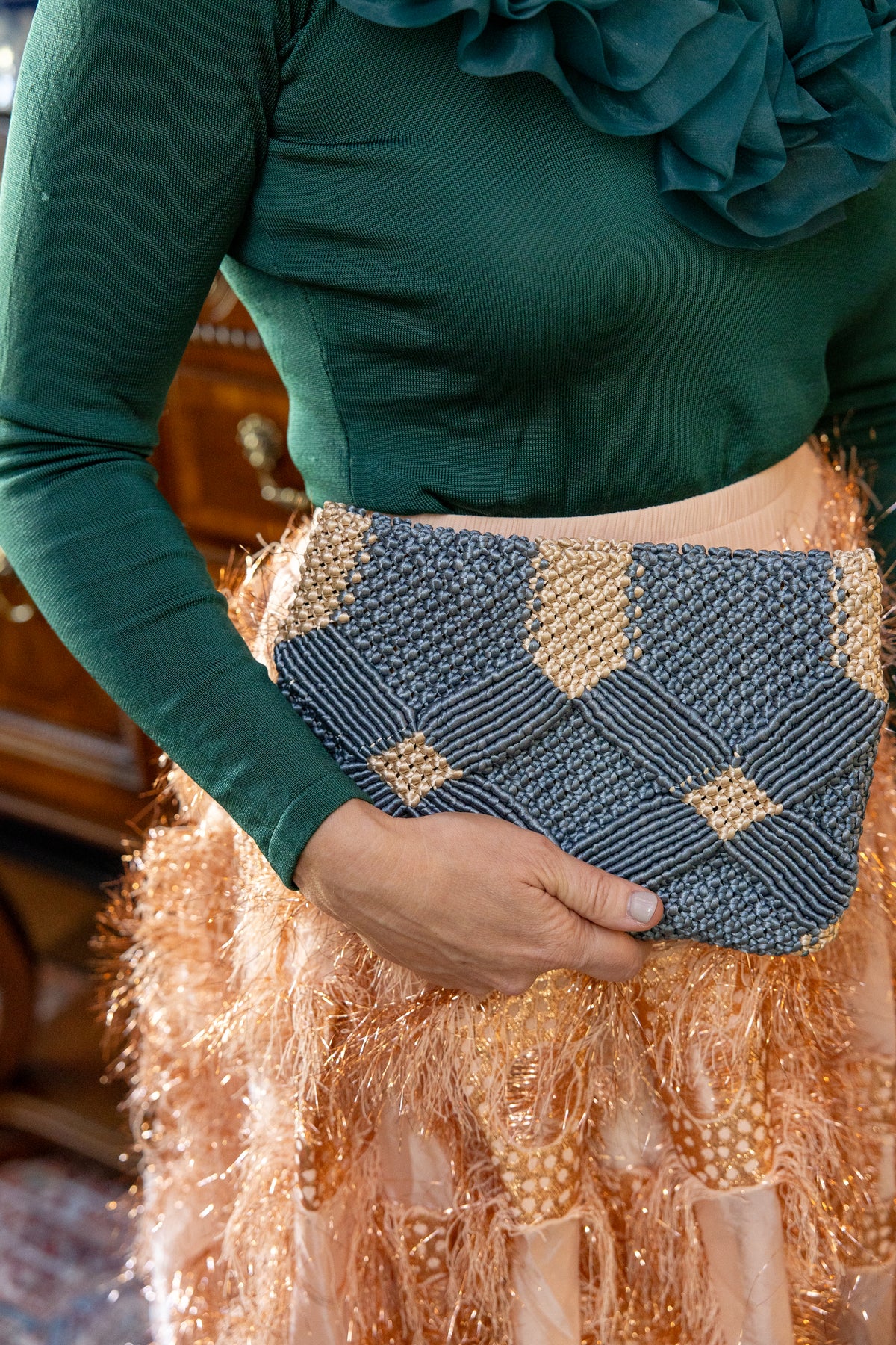 Handmade Macramé Clutch- Dusty Blue and Champagne