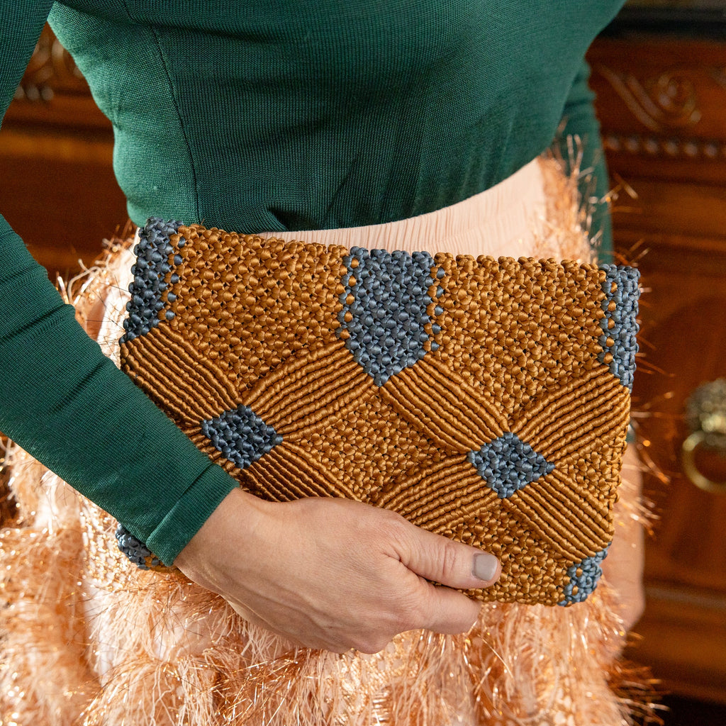 Handmade Macrame Clutch- Caramel and Dusty Blue
