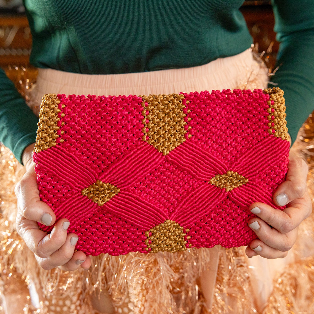 Handmade Macramé Clutch- Pink and Caramel