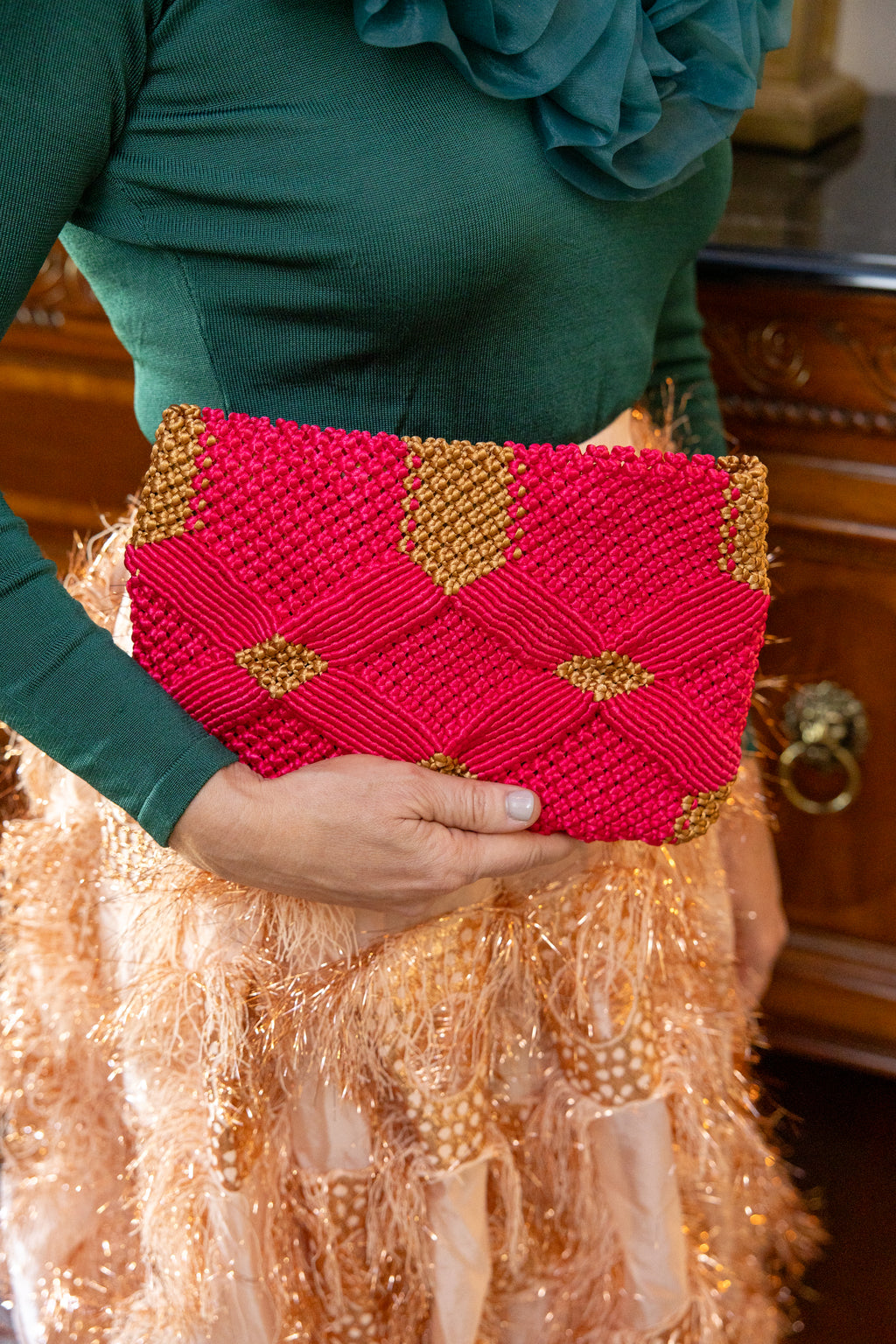 Handmade Macramé Clutch- Pink and Caramel